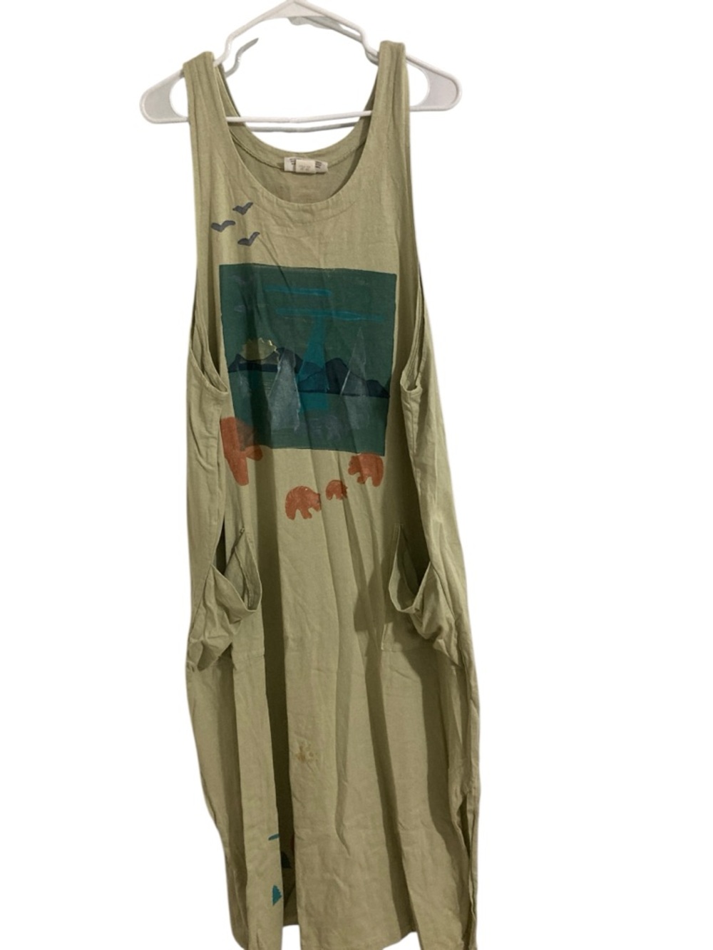 VTG Blue-Eyed Bear Block-Printed Maxi Dress in Olive Green-Signed By the Artist